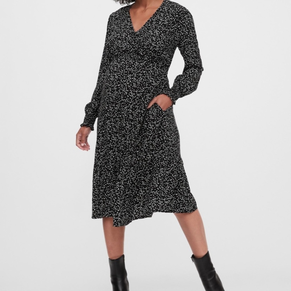 NWT GAP Maternity Crossover Midi Dress Floral Black Faux Wrap with Pockets NEW